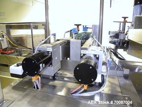 Used Bosch CUT120 Automatic Intermittent Motion Horizontal Tuck Cartoner. Capable of speeds up to 120 cartons per minute. Has adjustable bucket infeed on 5" centers for a carton size range: length 20...