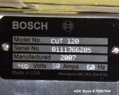 Used Bosch CUT120 Automatic Intermittent Motion Horizontal Tuck Cartoner. Capable of speeds up to 120 cartons per minute. Has adjustable bucket infeed on 5" centers for a carton size range: length 20...