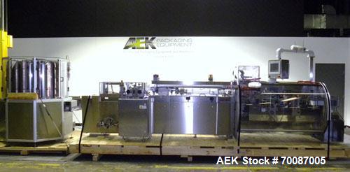 Used Bosch CUT120 Automatic Intermittent Motion Horizontal Tuck Cartoner. Capable of speeds up to 120 cartons per minute. Has adjustable bucket infeed on 5" centers for a carton size range: length 20...