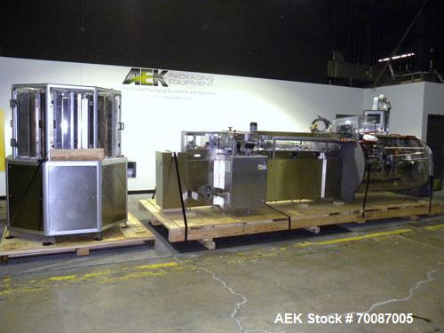 Used Bosch CUT120 Automatic Intermittent Motion Horizontal Tuck Cartoner. Capable of speeds up to 120 cartons per minute. Has adjustable bucket infeed on 5" centers for a carton size range: length 20...