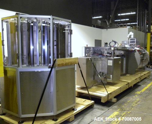 Used Bosch CUT120 Automatic Intermittent Motion Horizontal Tuck Cartoner. Capable of speeds up to 120 cartons per minute. Has adjustable bucket infeed on 5" centers for a carton size range: length 20...