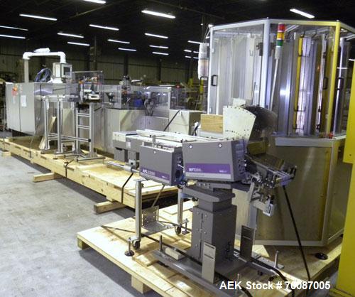 Used Bosch CUT120 Automatic Intermittent Motion Horizontal Tuck Cartoner. Capable of speeds up to 120 cartons per minute. Has adjustable bucket infeed on 5" centers for a carton size range: length 20...