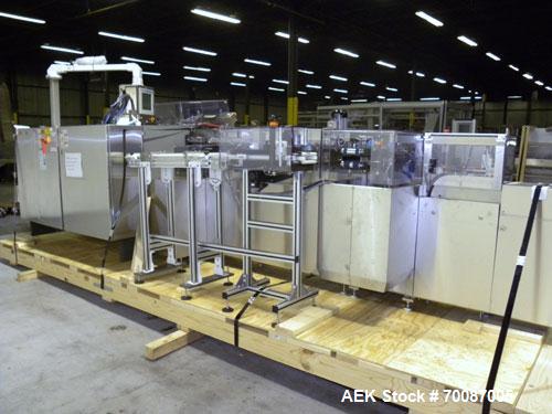 Used Bosch CUT120 Automatic Intermittent Motion Horizontal Tuck Cartoner. Capable of speeds up to 120 cartons per minute. Has adjustable bucket infeed on 5" centers for a carton size range: length 20...