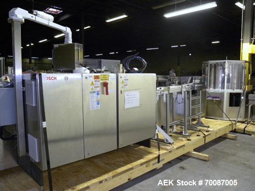 Used Bosch CUT120 Automatic Intermittent Motion Horizontal Tuck Cartoner. Capable of speeds up to 120 cartons per minute. Has adjustable bucket infeed on 5" centers for a carton size range: length 20...