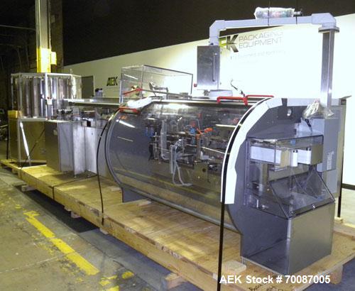 Used Bosch CUT120 Automatic Intermittent Motion Horizontal Tuck Cartoner. Capable of speeds up to 120 cartons per minute. Has adjustable bucket infeed on 5" centers for a carton size range: length 20...