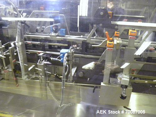 Used Bosch CUT120 Automatic Intermittent Motion Horizontal Tuck Cartoner. Capable of speeds up to 120 cartons per minute. Has adjustable bucket infeed on 5" centers for a carton size range: length 20...