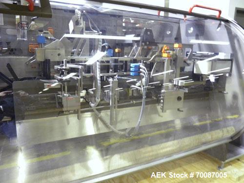 Used Bosch CUT120 Automatic Intermittent Motion Horizontal Tuck Cartoner. Capable of speeds up to 120 cartons per minute. Has adjustable bucket infeed on 5" centers for a carton size range: length 20...