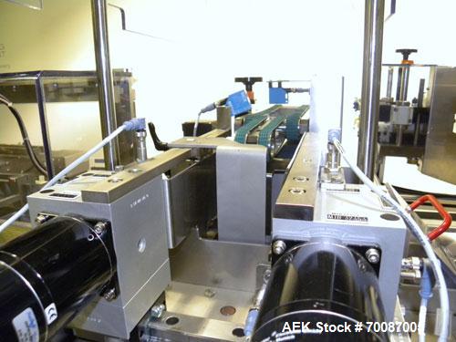 Used Bosch CUT120 Automatic Intermittent Motion Horizontal Tuck Cartoner. Capable of speeds up to 120 cartons per minute. Has adjustable bucket infeed on 5" centers for a carton size range: length 20...