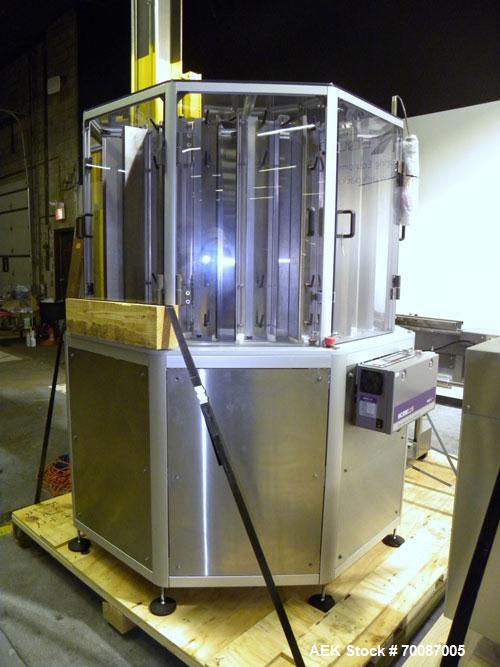 Used Bosch CUT120 Automatic Intermittent Motion Horizontal Tuck Cartoner. Capable of speeds up to 120 cartons per minute. Has adjustable bucket infeed on 5" centers for a carton size range: length 20...