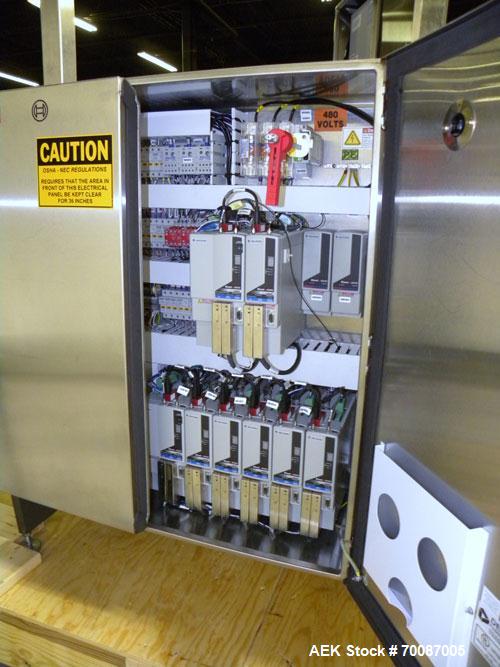 Used Bosch CUT120 Automatic Intermittent Motion Horizontal Tuck Cartoner. Capable of speeds up to 120 cartons per minute. Has adjustable bucket infeed on 5" centers for a carton size range: length 20...