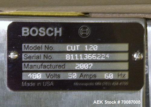 Used Bosch CUT120 Automatic Intermittent Motion Horizontal Tuck Cartoner. Capable of speeds up to 120 cartons per minute. Has adjustable bucket infeed on 5" centers for a carton size range: length 20...