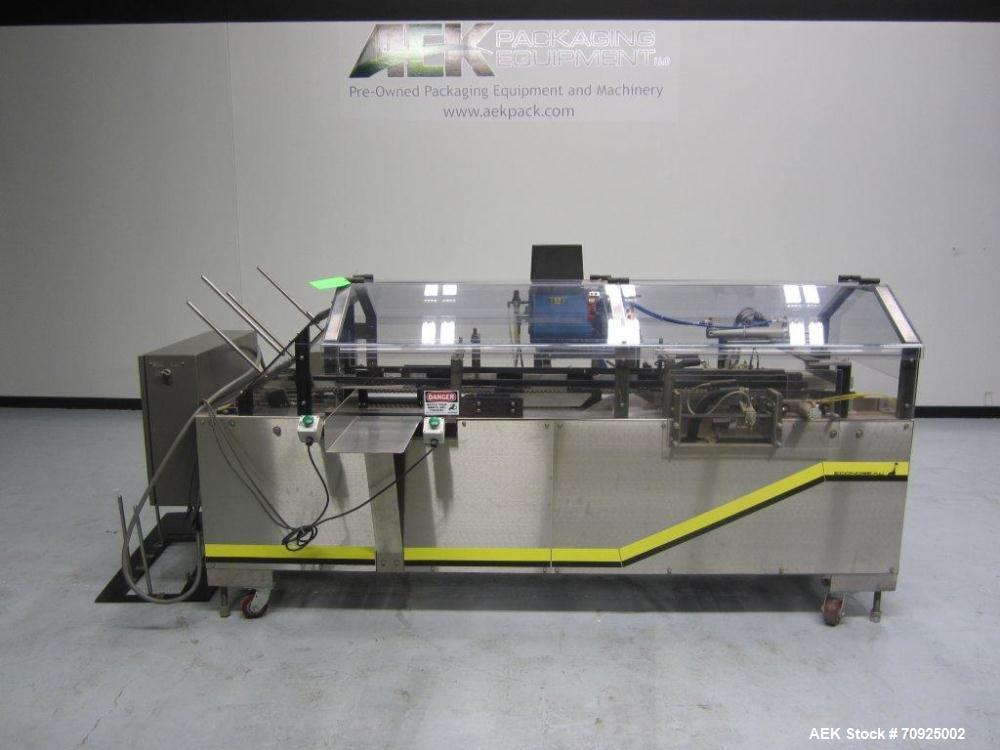 Used Econocorp Spartan Automatic Horizontal Glue Cartoner capable of speeds up to 30-50 cartons per minute. Has 12" centers for carton size range: length 2" - 10" or 51mm to 254mm, width 1" - 4" or 2...