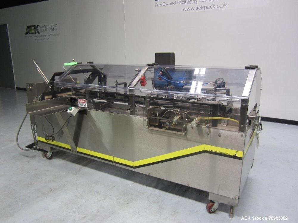 Used Econocorp Spartan Automatic Horizontal Glue Cartoner capable of speeds up to 30-50 cartons per minute. Has 12" centers for carton size range: length 2" - 10" or 51mm to 254mm, width 1" - 4" or 2...