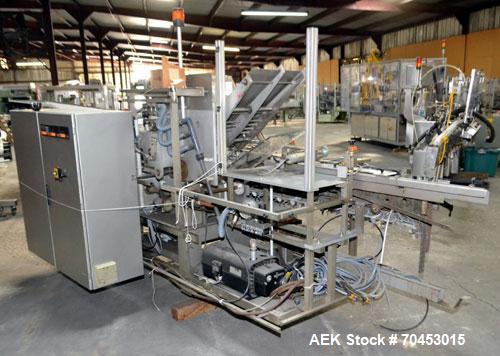 Used IWKA CPR Automatic Horizontal Bottle Cartoner capable of speeds up to 200 cartons per minute. Has a carton size range: A- 20 - 105mm, B 15 - 70mm, C 55 - 85mm. Model CPR.  With adjustable bucket...