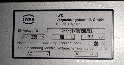 Used IWKA CPR Automatic Horizontal Bottle Cartoner capable of speeds up to 200 cartons per minute. Has a carton size range: A- 20 - 105mm, B 15 - 70mm, C 55 - 85mm. Model CPR.  With adjustable bucket...