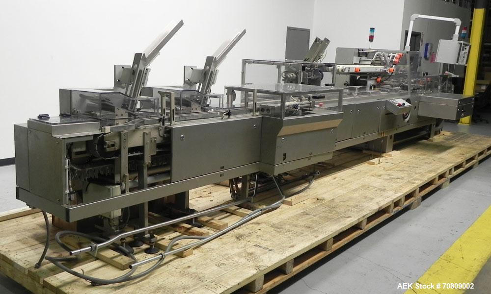 Used IWKA Model CPSR Automatic Horizontal Cartoner. Capable of speeds up to 250 cartons per minute. Has automatic bottle loader and dual blister feeders. Has 4" centers for a carton size range: (Leng...