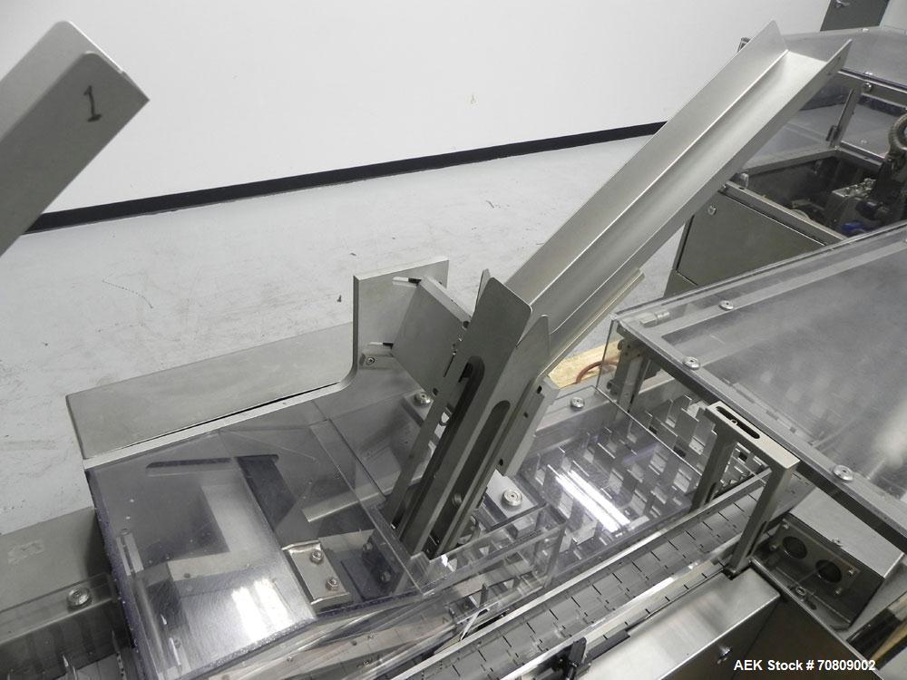 Used IWKA Model CPSR Automatic Horizontal Cartoner. Capable of speeds up to 250 cartons per minute. Has automatic bottle loader and dual blister feeders. Has 4" centers for a carton size range: (Leng...