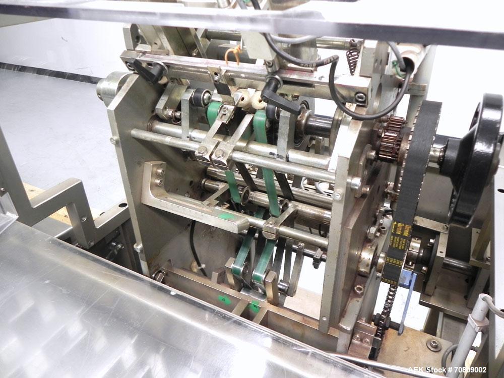 Used IWKA Model CPSR Automatic Horizontal Cartoner. Capable of speeds up to 250 cartons per minute. Has automatic bottle loader and dual blister feeders. Has 4" centers for a carton size range: (Leng...