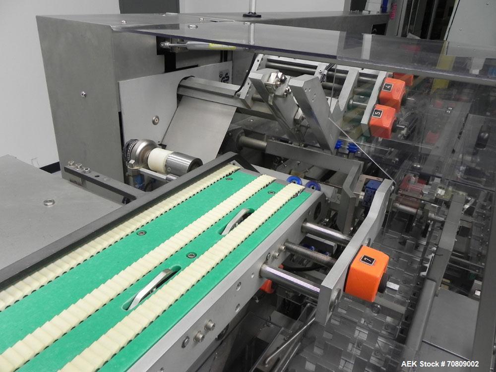 Used IWKA Model CPSR Automatic Horizontal Cartoner. Capable of speeds up to 250 cartons per minute. Has automatic bottle loader and dual blister feeders. Has 4" centers for a carton size range: (Leng...