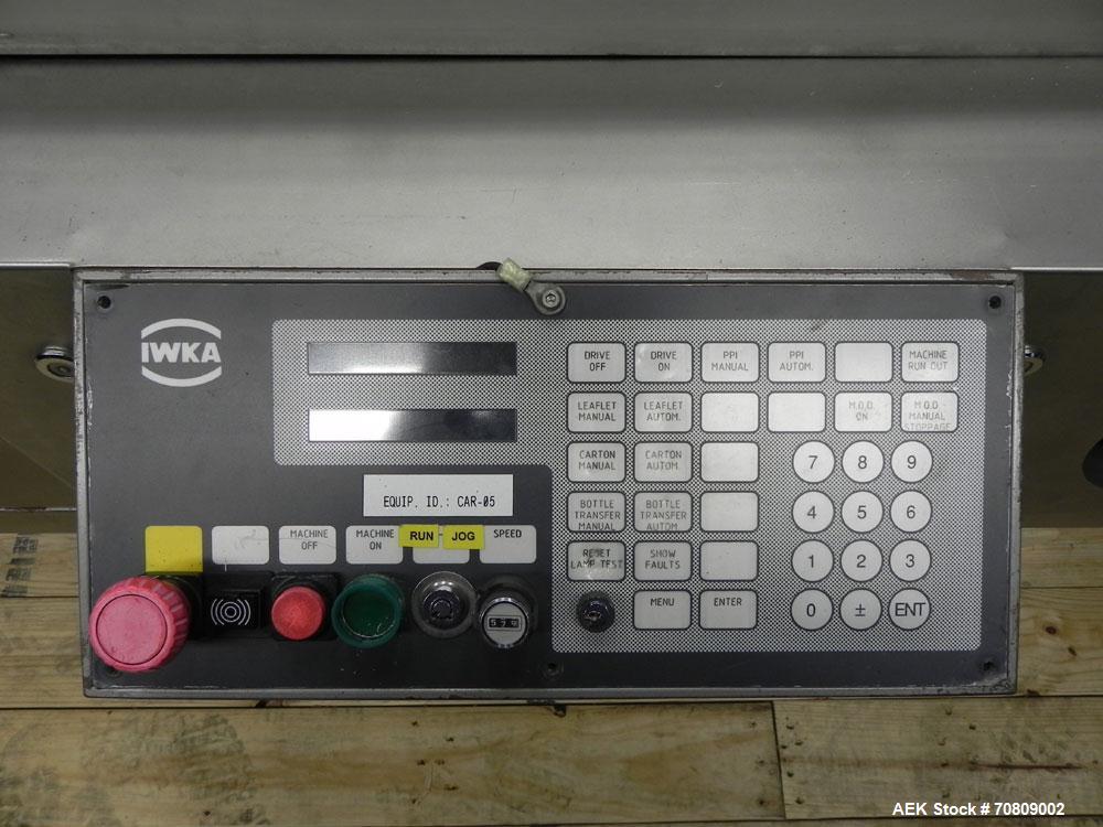 Used IWKA Model CPSR Automatic Horizontal Cartoner. Capable of speeds up to 250 cartons per minute. Has automatic bottle loader and dual blister feeders. Has 4" centers for a carton size range: (Leng...