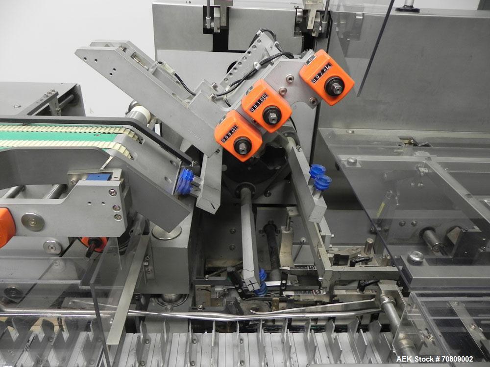 Used IWKA Model CPSR Automatic Horizontal Cartoner. Capable of speeds up to 250 cartons per minute. Has automatic bottle loader and dual blister feeders. Has 4" centers for a carton size range: (Leng...