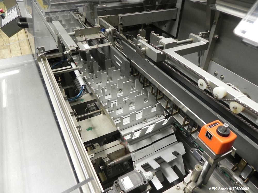 Used IWKA Model CPSR Automatic Horizontal Cartoner. Capable of speeds up to 250 cartons per minute. Has automatic bottle loader and dual blister feeders. Has 4" centers for a carton size range: (Leng...