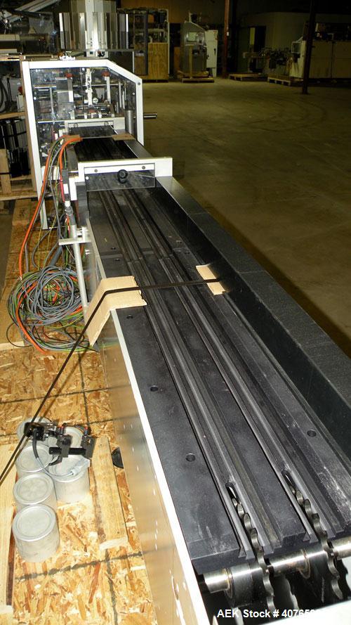 Used IWKA Cartopac SC6 Automatic Horizontal Cartoner. Capable of speeds up to 300 BPM. Has 6" centers for a carton size range: length 20 to 125mm, width 15 to 110mm, depth 85 to 230mm. Has 15' long a...