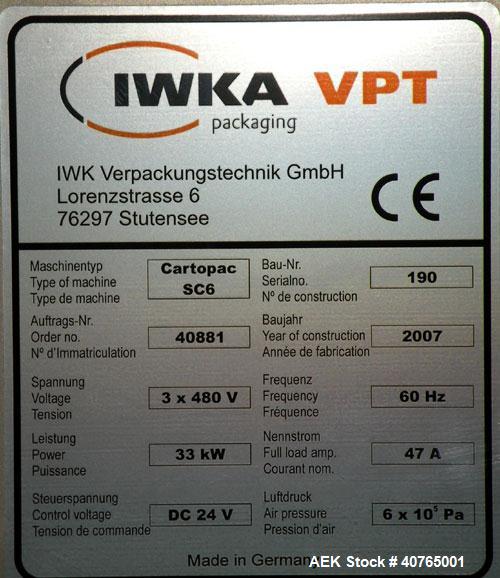 Used IWKA Cartopac SC6 Automatic Horizontal Cartoner. Capable of speeds up to 300 BPM. Has 6" centers for a carton size range: length 20 to 125mm, width 15 to 110mm, depth 85 to 230mm. Has 15' long a...