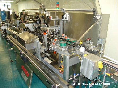 Used Jones Legacy Automatic Quick Change Small Footprint Cartoner. Machine is of Stainless Steel Construction and is capable of speeds up to 400 CPM. Has 4" centers with adjustable buckets for a cart...