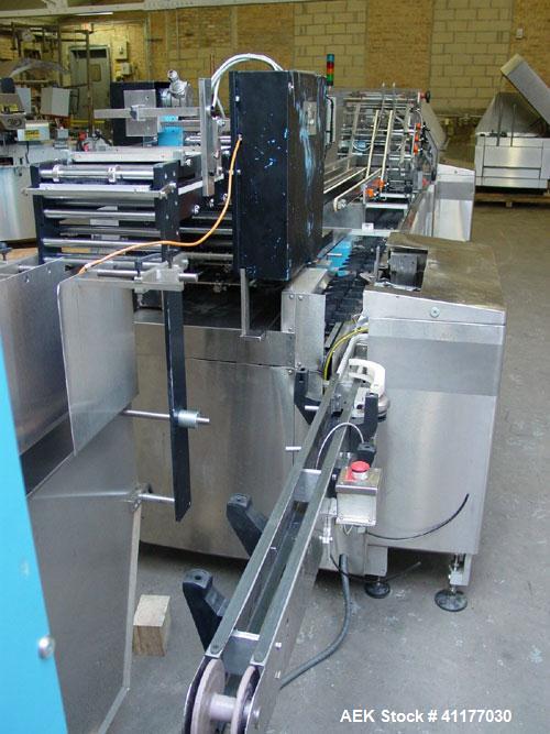 Used Jones Legacy Automatic Quick Change Small Footprint Cartoner. Machine is of Stainless Steel Construction and is capable of speeds up to 400 CPM. Has 4" centers with adjustable buckets for a cart...