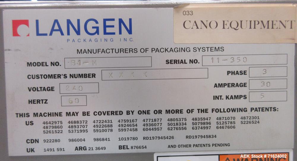 Used Langen Model B1-M Semi-Automatic Horizontal Glue Cartoner
