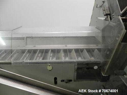 Used Marchesini BA400 Automatic Horizontal Cartoner capable of speeds up to 400 cartons per minute. Has 4" centers for a carton size range: length 25mm - 70mm, width 15mm - 70mm, depth 78mm - 150mm. ...