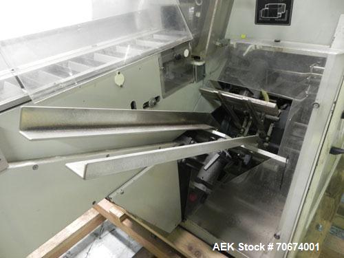 Used Marchesini BA400 Automatic Horizontal Cartoner capable of speeds up to 400 cartons per minute. Has 4" centers for a carton size range: length 25mm - 70mm, width 15mm - 70mm, depth 78mm - 150mm. ...
