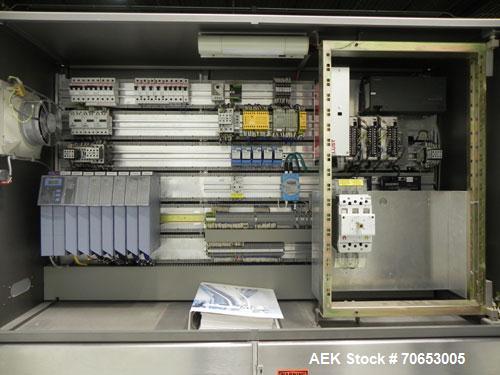 Used Uhlmann Model C2205 Automatic Bottle Cartoner. Capable of speeds up to 250 cartons per minute. Is a continuous motion cartoner. Has a 5" pitch for a Maximum carton size range: (Length) 150mm (6"...