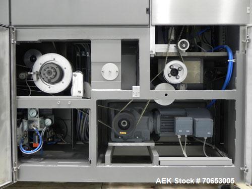 Used Uhlmann Model C2205 Automatic Bottle Cartoner. Capable of speeds up to 250 cartons per minute. Is a continuous motion cartoner. Has a 5" pitch for a Maximum carton size range: (Length) 150mm (6"...