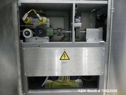 Used Uhlmann Model C2205 Automatic Bottle Cartoner. Capable of speeds up to 250 cartons per minute. Is a continuous motion cartoner. Has a 5" pitch for a Maximum carton size range: (Length) 150mm (6"...