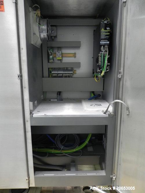 Used Uhlmann Model C2205 Automatic Bottle Cartoner. Capable of speeds up to 250 cartons per minute. Is a continuous motion cartoner. Has a 5" pitch for a Maximum carton size range: (Length) 150mm (6"...