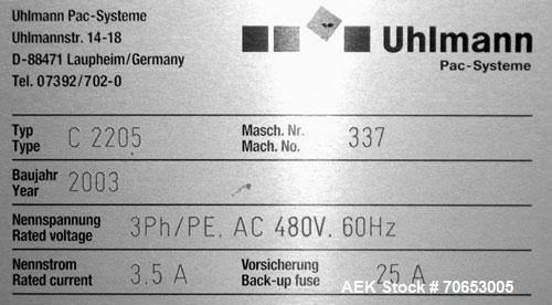 Used Uhlmann Model C2205 Automatic Bottle Cartoner. Capable of speeds up to 250 cartons per minute. Is a continuous motion cartoner. Has a 5" pitch for a Maximum carton size range: (Length) 150mm (6"...