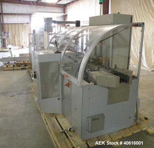 Used V2 Engineering Horizontal Cartoner, model V106. Capable of speeds up to 100 cpm. Has carton size range length 30mm to 140mm, width 15mm to 80mm, depth 70mm to 200mm. Has prefolded leaflet insert...