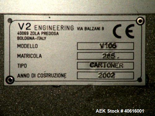 Used V2 Engineering Horizontal Cartoner, model V106. Capable of speeds up to 100 cpm. Has carton size range length 30mm to 140mm, width 15mm to 80mm, depth 70mm to 200mm. Has prefolded leaflet insert...