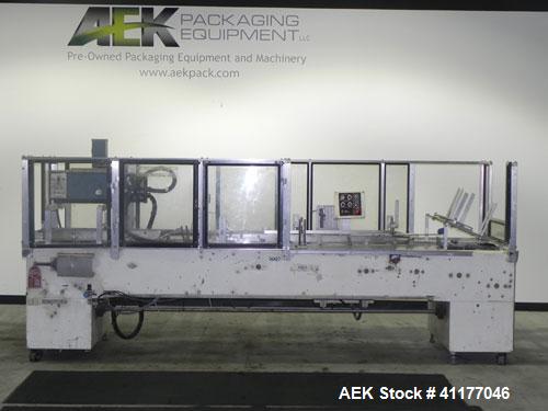 Used Adco Semi Automatic Horizontal Cartoner, Model 15DEC. Capable of speeds up to 60 cpm. Has 14" centers for a carton size range: length 1" to 12", width up to 3", and depth 5" to 12". Has Nordson ...
