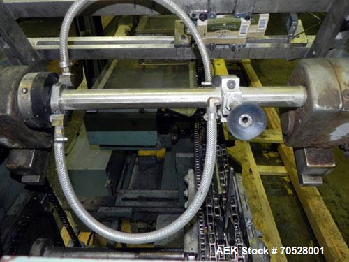 Used Langen Horizontal Cartoner, Model B1. Capable of speeds up to 120 cartons per minute. Has 9" centers for a carton size range: length 1-3/4" to 6-1/2", width 1/2" to 3", depth 3.75" to 14". Has r...