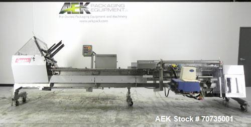 Used Langen Model B1 Semi-Automatic Horizontal Cartoner capable of speeds up to 120 cartons per minute. Has 9" centers with 3 chain carrier (can be converted to a 4 chain carrier) for a carton size r...