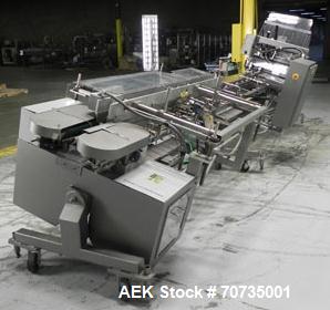 Used Langen Model B1 Semi-Automatic Horizontal Cartoner capable of speeds up to 120 cartons per minute. Has 9" centers with 3 chain carrier (can be converted to a 4 chain carrier) for a carton size r...