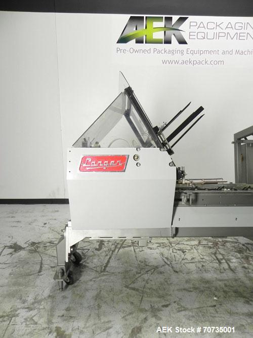 Used Langen Model B1 Semi-Automatic Horizontal Cartoner capable of speeds up to 120 cartons per minute. Has 9" centers with 3 chain carrier (can be converted to a 4 chain carrier) for a carton size r...