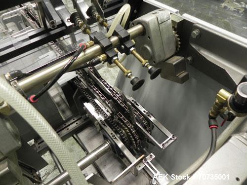 Used Langen Model B1 Semi-Automatic Horizontal Cartoner capable of speeds up to 120 cartons per minute. Has 9" centers with 3 chain carrier (can be converted to a 4 chain carrier) for a carton size r...