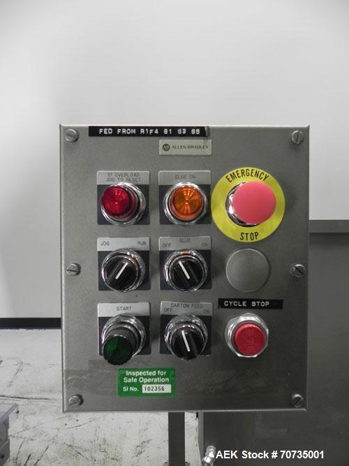 Used Langen Model B1 Semi-Automatic Horizontal Cartoner capable of speeds up to 120 cartons per minute. Has 9" centers with 3 chain carrier (can be converted to a 4 chain carrier) for a carton size r...