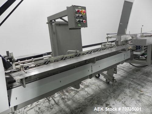 Used Langen Model B1 Semi-Automatic Horizontal Cartoner capable of speeds up to 120 cartons per minute. Has 9" centers with 3 chain carrier (can be converted to a 4 chain carrier) for a carton size r...