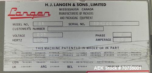 Used Langen Model B1 Semi-Automatic Horizontal Cartoner capable of speeds up to 120 cartons per minute. Has 9" centers with 3 chain carrier (can be converted to a 4 chain carrier) for a carton size r...