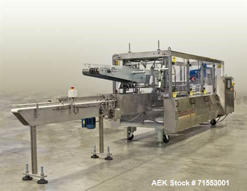 Used Switchback AM-3H Multi-Pack Sleeve Style Cartoner. In-feed for 2 x 2 (inverted top layer) and 2 x 1 cups with 1:2 product divider. Overhead carton load, gluing and sealing of carton overlap seam...